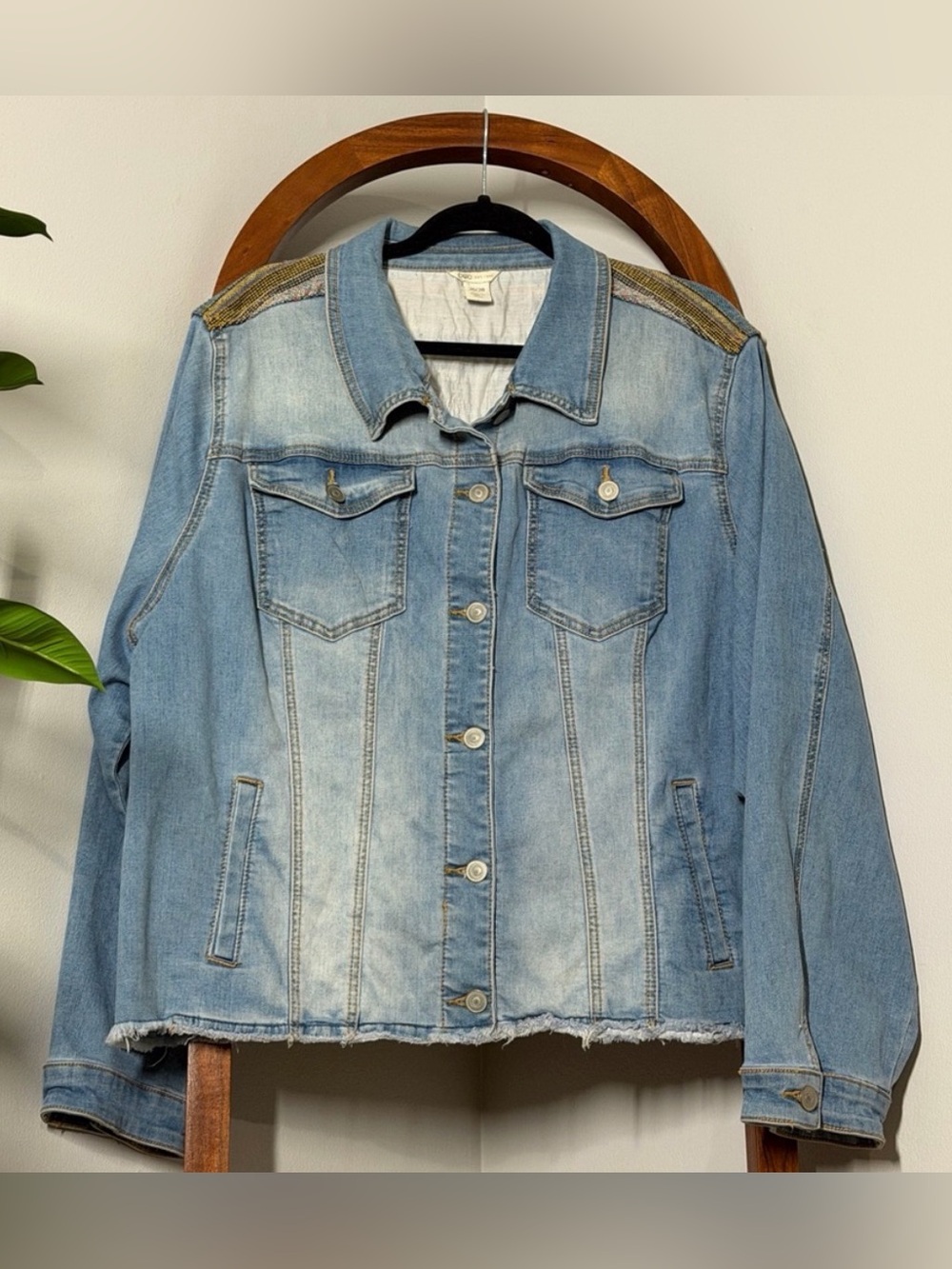 Cato 26/28 Medium Wash Denim Jacket Stretch Southwestern Saddle Blanket